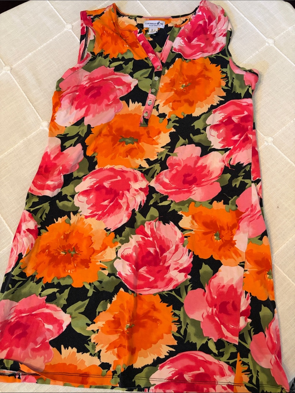 Caribbean Joe Black Floral Shift Dress with Pink & Orange Blooms